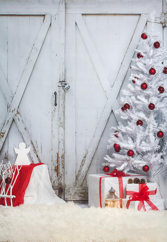 White Bran Wood Door White Christmas Tree Backdrops