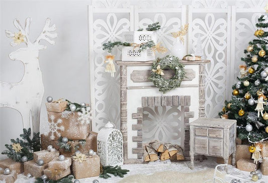 Elk Wood Fireplace Christmas Backdrop for Photo