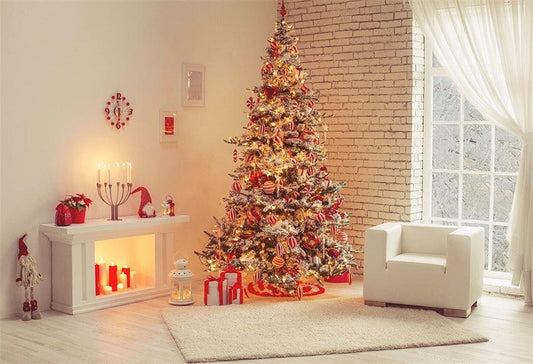 Christmas White Brick Red Christmaas Tree Wood Floor Backdrop