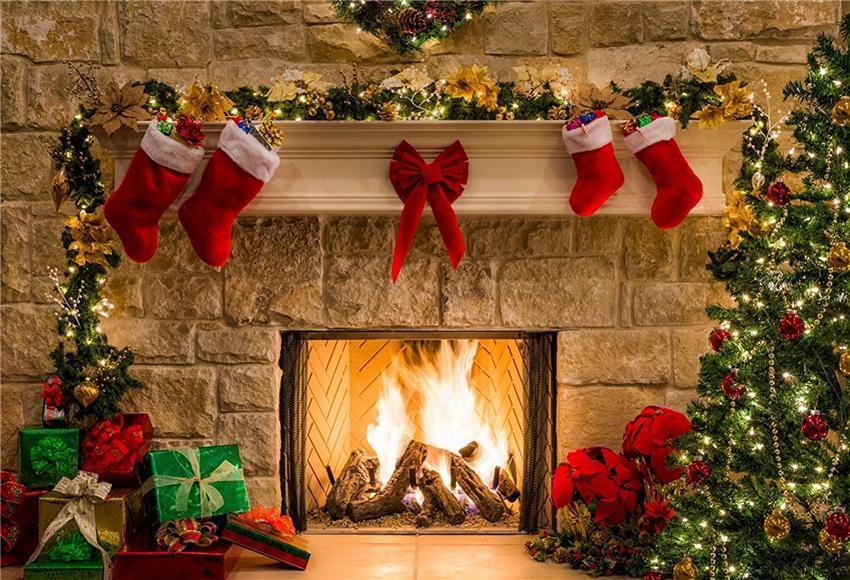 Socks Bow Brick Fireplace Christmas Photo Booth Backdrops