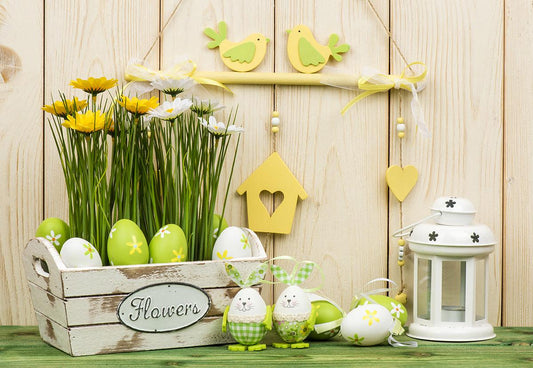 Wood  Easter Green Eggs Floral Photo Backdrop for Picture